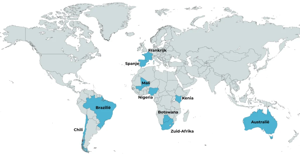 wereldkaart van alle plekken waar witte waterstof is gevonden